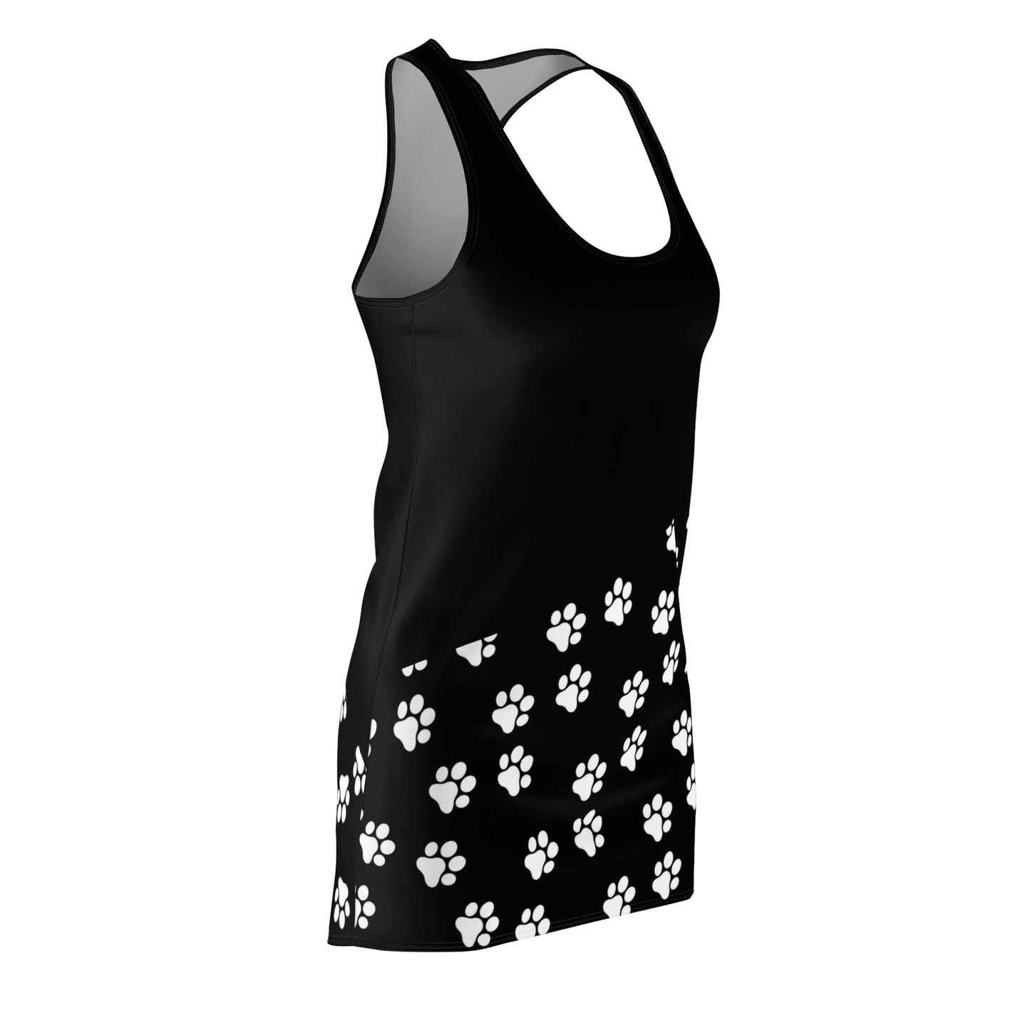 Pawsome Prints: Black Dress with White Paw Prints Racerback Dress