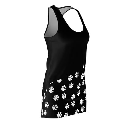 Pawsome Prints: Black Dress with White Paw Prints Racerback Dress
