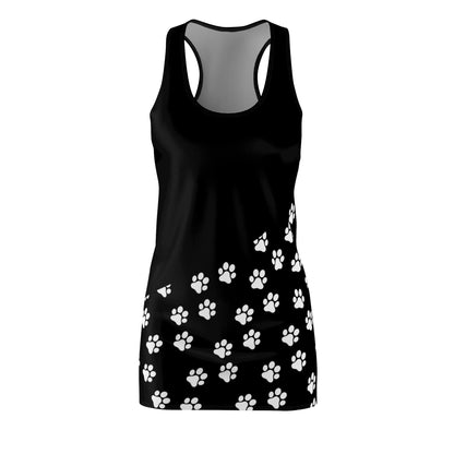 Pawsome Prints: Black Dress with White Paw Prints Racerback Dress