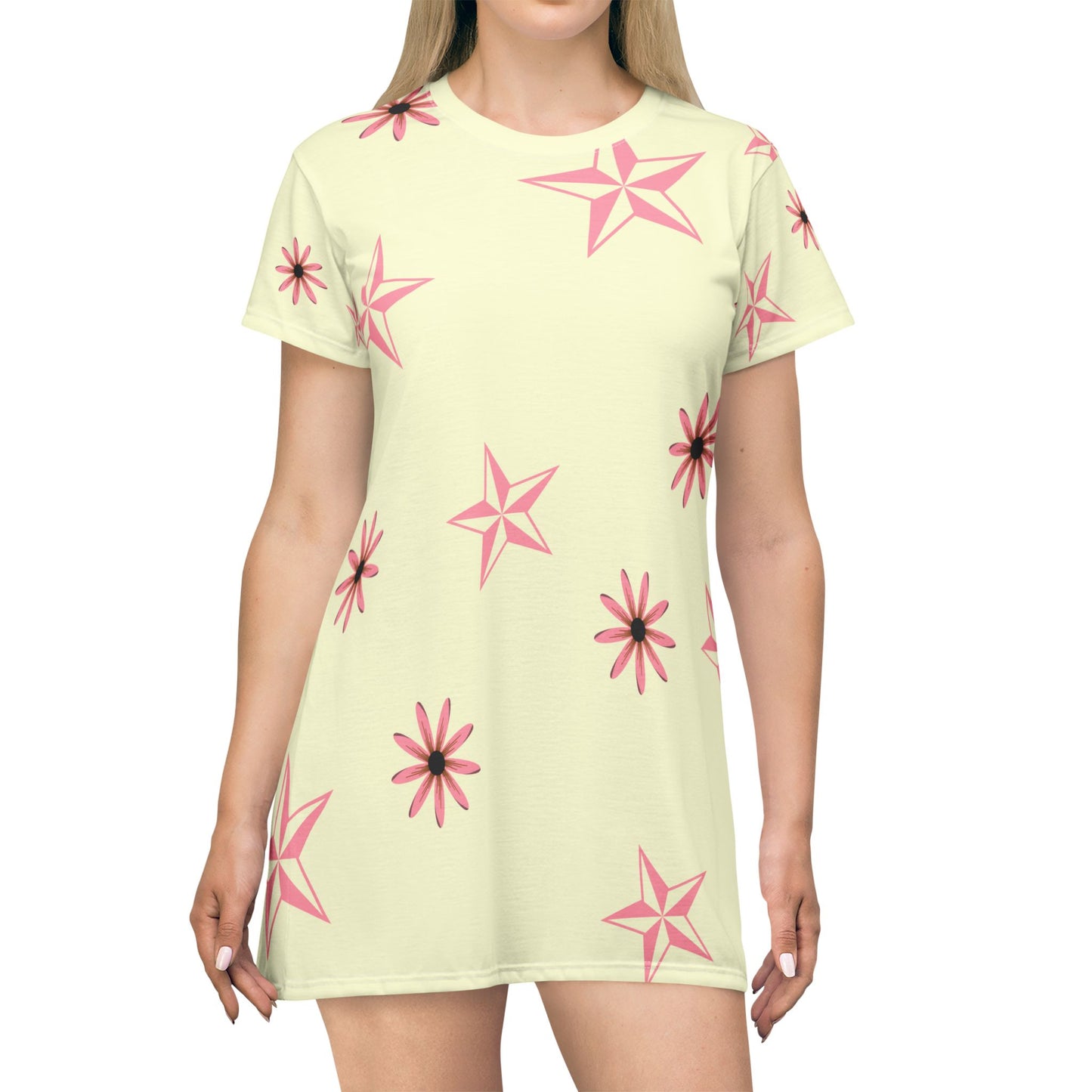 Floral Tunic with Pink Flowers and Beige and Pink Stars