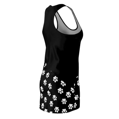 Pawsome Prints: Black Dress with White Paw Prints Racerback Dress