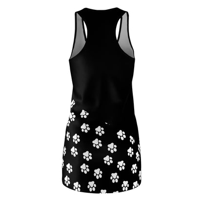 Pawsome Prints: Black Dress with White Paw Prints Racerback Dress