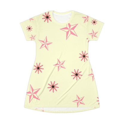 Floral Tunic with Pink Flowers and Beige and Pink Stars